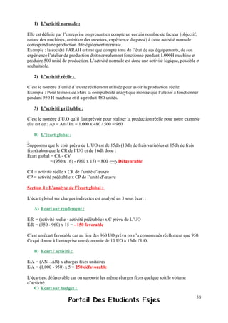 1) L’activité normale :
Elle est définie par l’entreprise on prenant en compte un certain nombre de facteur (objectif,
nature des machines, ambition des ouvriers, expérience du passé) à cette activité normale
correspond une production dite également normale.
Exemple : la société FARAH estime que compte tenu de l’état de ses équipements, de son
expérience l’atelier de production doit normalement fonctionné pendant 1.000H machine et
produire 500 unité de production. L’activité normale est donc une activité logique, possible et
souhaitable.
2) L’activité réelle :
C’est le nombre d’unité d’œuvre réellement utilisée pour avoir la production réelle.
Exemple : Pour le mois de Mars la comptabilité analytique montre que l’atelier à fonctionner
pendant 950 H machine et il a produit 480 unités.
3) L’activité préétablie :
C’est le nombre d’U.O qu’il faut prévoir pour réaliser la production réelle pour notre exemple
elle est de : Ap = An / Pn = 1.000 x 480 / 500 = 960
B) L’écart global :
Supposons que le coût prévu de L’UO est de 15dh (10dh de frais variables et 15dh de frais
fixes) alors que le CR de l’UO et de 16dh donc :
Écart global = CR - CV
= (950 x 16) - (960 x 15) = 800 Défavorable
CR = activité réelle x CR de l’unité d’œuvre
CP = activité préétablie x CP de l’unité d’œuvre
Section 4 : L’analyse de l’écart global :
L’écart global sur charges indirectes est analysé en 3 sous écart :
A) Ecart sur rendement :
E/R = (activité réelle - activité préétablie) x C prévu de L’UO
E/R = (950 - 960) x 15 = - 150 favorable
C’est un écart favorable car au lieu des 960 UO prévu on n’a consommés réellement que 950.
Ce qui donne à l’entreprise une économie de 10 UO à 15dh l’UO.
B) Ecart / activité :
E/A = (AN - AR) x charges fixes unitaires
E/A = (1.000 - 950) x 5 = 250 défavorable
L’écart est défavorable car on supporte les même charges fixes quelque soit le volume
d’activité.
C) Ecart sur budget :
Portail Des Etudiants Fsjes 50
 