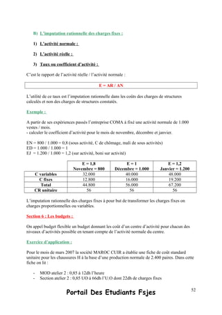 B) L’imputation rationnelle des charges fixes :
1) L’activité normale :
2) L’activité réelle :
3) Taux ou coefficient d’activité :
C’est le rapport de l’activité réelle / l’activité normale :
E = AR / AN
L’utilité de ce taux est l’imputation rationnelle dans les coûts des charges de structures
calculés et non des charges de structures constatés.
Exemple :
A partir de ses expériences passés l’entreprise COMA à fixé une activité normale de 1.000
vestes / mois.
- calculer le coefficient d’activité pour le mois de novembre, décembre et janvier.
EN = 800 / 1.000 = 0,8 (sous activité, C de chômage, mali de sous activités)
ED = 1.000 / 1.000 = 1
EJ = 1.200 / 1.000 = 1,2 (sur activité, boni sur activité)
E = 1,8
Novembre = 800
E = 1
Décembre = 1.000
E = 1,2
Janvier = 1.200
C variables 32.000 40.000 48.000
C fixes 12.800 16.000 19.200
Total 44.800 56.000 67.200
CR unitaire 56 56 56
L’imputation rationnelle des charges fixes à pour but de transformer les charges fixes on
charges proportionnelles ou variables.
Section 6 : Les budgets :
On appel budget flexible un budget donnant les coût d’un centre d’activité pour chacun des
niveaux d’activités possible en tenant compte de l’activité normale du centre.
Exercice d’application :
Pour le mois de mars 2007 la société MAROC CUIR a établie une fiche de coût standard
unitaire pour les chaussures H à la base d’une production normale de 2.400 paires. Dans cette
fiche on lit :
- MOD atelier 2 : 0,85 à 12dh l’heure
- Section atelier 2 : 0,85 UO à 66dh l’U.O dont 22dh de charges fixes
Portail Des Etudiants Fsjes 52
 