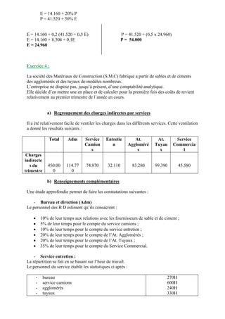 E = 14.160 + 20% P
P = 41.520 + 50% E
E = 14.160 + 0,2 (41.520 + 0,5 E) P = 41.520 + (0,5 x 24.960)
E = 14.160 + 8.304 + 0,1E P = 54.000
E = 24.960
Exercice 4 :
La société des Matériaux de Construction (S.M.C) fabrique a partir de sables et de ciments
des agglomérés et des tuyaux de modèles nombreux.
L’entreprise ne dispose pas, jusqu’à présent, d’une comptabilité analytique.
Elle décide d’en mettre une en place et de calculer pour la première fois des coûts de revient
relativement au premier trimestre de l’année en cours.
a) Regroupement des charges indirectes par services
Il a été relativement facile de ventiler les charges dans les différents services. Cette ventilation
a donné les résultats suivants :
Total Adm Service
Camion
s
Entretie
n
At.
Aggloméré
s
At.
Tuyau
x
Service
Commercia
l
Charges
indirecte
s du
trimestre
450.00
0
114.77
0
74.870 32.110 83.280 99.390 45.580
b) Renseignements complémentaires
Une étude approfondie permet de faire les constatations suivantes :
- Bureau et direction (Adm)
Le personnel des B D estiment qu’ils consacrent :
 10% de leur temps aux relations avec les fournisseurs de sable et de ciment ;
 5% de leur temps pour le compte du service camions ;
 10% de leur temps pour le compte du service entretien ;
 20% de leur temps pour le compte de l’At. Agglomérés ;
 20% de leur temps pour le compte de l’At. Tuyaux ;
 35% de leur temps pour le compte du Service Commercial.
- Service entretien :
La répartition se fait en se basant sur l’heur de travail.
Le personnel du service établit les statistiques ci après :
- bureau
- service camions
- agglomérés
- tuyaux
270H
600H
240H
330H
 