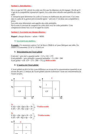 Section 1 : Introduction :
On a vu que la CAE calcule les coûts une fois que les dépenses on été engager. On dit qu’il
s’agit de la comptabilité à posteriori (après). Les coûts ainsi calculés sont qualifiés de coûts
réels.
L’entreprise peut déterminer les coûts à l’avance on établissons des prévisions. Ceci entre
dans le cadre de la gestion prévisionnelle (gérer = prévoir). C’est donc une comptabilité a
priori.
Les coûts ainsi déterminés sont appelés des coûts préétablis.
Par la suite il convient de comparer les coûts réels avec les coûts préétablis. Cette
comparaison donne lieu à ce k’on appel les écarts.
Section 2 : Les écarts sur charges directes :
Rappel : charges directes = achats + MOD
A) Les écarts sur matière :
Exemple : Un menuisier a prévu 2 m² de bois à 100dh le m² pour fabriquer une table. En
réalité il a consommé 2,5 m² à 110 dh le m²
1) Détermination de l’écart global
Coût réel = prix réel x quantité réelle = 2,5 x 110 = 275
Coût préétabli = prix préétabli x quantité préétablie = 2 x 100 = 200
Ecart global = CR - CP = 275 - 200 = 75 Défavorable
2) L’analyse de l’écart global
L’écart global est dû à la fois à une différence au niveau de la consommation (quantité) et au
niveau des prix. L’analyse de l’écart global consiste à dissocier l’écart sur consommation de
l’écart sur prix.
1 2
Pr Pr
Pp Pp
Qp Qr Qp Qp
1)
E (Q) = (Qr - Qp) x Pp = 50 75 défavorable
E (P) = (Pr - Pp) x Qr = 25
2)
E (Q) = (Qr - Qp) x Pr = 55 75 défavorable
E (P) = (Pr - Pp) x Qr = 20
Pr 3
CP
1
2
CP
1 3
 