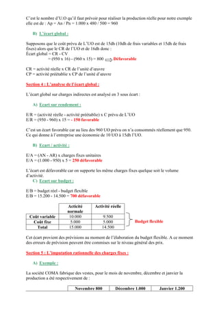 C’est le nombre d’U.O qu’il faut prévoir pour réaliser la production réelle pour notre exemple
elle est de : Ap = An / Pn = 1.000 x 480 / 500 = 960
B) L’écart global :
Supposons que le coût prévu de L’UO est de 15dh (10dh de frais variables et 15dh de frais
fixes) alors que le CR de l’UO et de 16dh donc :
Écart global = CR - CV
= (950 x 16) - (960 x 15) = 800 Défavorable
CR = activité réelle x CR de l’unité d’œuvre
CP = activité préétablie x CP de l’unité d’œuvre
Section 4 : L’analyse de l’écart global :
L’écart global sur charges indirectes est analysé en 3 sous écart :
A) Ecart sur rendement :
E/R = (activité réelle - activité préétablie) x C prévu de L’UO
E/R = (950 - 960) x 15 = - 150 favorable
C’est un écart favorable car au lieu des 960 UO prévu on n’a consommés réellement que 950.
Ce qui donne à l’entreprise une économie de 10 UO à 15dh l’UO.
B) Ecart / activité :
E/A = (AN - AR) x charges fixes unitaires
E/A = (1.000 - 950) x 5 = 250 défavorable
L’écart est défavorable car on supporte les même charges fixes quelque soit le volume
d’activité.
C) Ecart sur budget :
E/B = budget réel - budget flexible
E/B = 15.200 - 14.500 = 700 défavorable
Budget flexible
Cet écart provient des prévisions au moment de l’élaboration du budget flexible. A ce moment
des erreurs de prévision peuvent être commises sur le niveau général des prix.
Section 5 : L’imputation rationnelle des charges fixes :
A) Exemple :
La société COMA fabrique des vestes, pour le mois de novembre, décembre et janvier la
production a été respectivement de :
Novembre 800 Décembre 1.000 Janvier 1.200
Acticité
normale
Activité réelle
Coût variable 10.000 9.500
Coût fixe 5.000 5.000
Total 15.000 14.500
 