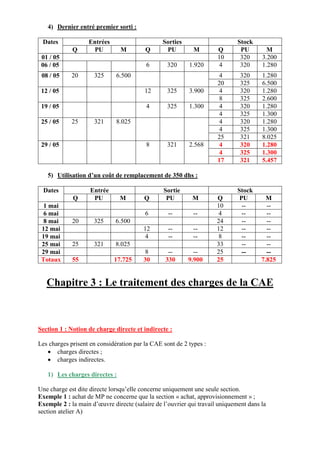 4) Dernier entré premier sorti :
Dates Entrées Sorties Stock
Q PU M Q PU M Q PU M
01 / 05 10 320 3.200
06 / 05 6 320 1.920 4 320 1.280
08 / 05 20 325 6.500 4 320 1.280
20 325 6.500
12 / 05 12 325 3.900 4 320 1.280
8 325 2.600
19 / 05 4 325 1.300 4 320 1.280
4 325 1.300
25 / 05 25 321 8.025 4 320 1.280
4 325 1.300
25 321 8.025
29 / 05 8 321 2.568 4 320 1.280
4 325 1.300
17 321 5.457
5) Utilisation d’un coût de remplacement de 350 dhs :
Dates Entrée Sortie Stock
Q PU M Q PU M Q PU M
1 mai 10 -- --
6 mai 6 -- -- 4 -- --
8 mai 20 325 6.500 24 -- --
12 mai 12 -- -- 12 -- --
19 mai 4 -- -- 8 -- --
25 mai 25 321 8.025 33 -- --
29 mai 8 -- -- 25 -- --
Totaux 55 17.725 30 330 9.900 25 7.825
Chapitre 3 : Le traitement des charges de la CAE
Section 1 : Notion de charge directe et indirecte :
Les charges prisent en considération par la CAE sont de 2 types :
 charges directes ;
 charges indirectes.
1) Les charges directes :
Une charge est dite directe lorsqu’elle concerne uniquement une seule section.
Exemple 1 : achat de MP ne concerne que la section « achat, approvisionnement » ;
Exemple 2 : la main d’œuvre directe (salaire de l’ouvrier qui travail uniquement dans la
section atelier A)
 