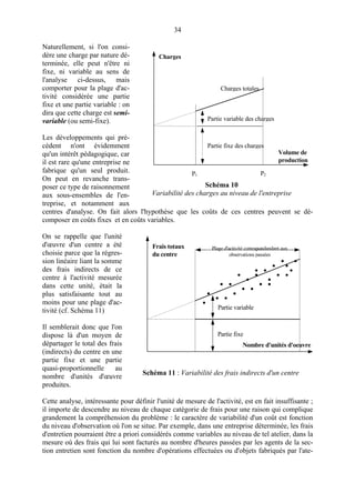 34
Naturellement, si l'on consi-
dère une charge par nature dé-
terminée, elle peut n'être ni
fixe, ni variable au sens de
l'analyse ci-dessus, mais
comporter pour la plage d'ac-
tivité considérée une partie
fixe et une partie variable : on
dira que cette charge est semi-
variable (ou semi-fixe).
Les développements qui pré-
cèdent n'ont évidemment
qu'un intérêt pédagogique, car
il est rare qu'une entreprise ne
fabrique qu'un seul produit.
On peut en revanche trans-
poser ce type de raisonnement
aux sous-ensembles de l'en-
treprise, et notamment aux
centres d'analyse. On fait alors l'hypothèse que les coûts de ces centres peuvent se dé-
composer en coûts fixes et en coûts variables.
On se rappelle que l'unité
d'œuvre d'un centre a été
choisie parce que la régres-
sion linéaire liant la somme
des frais indirects de ce
centre à l'activité mesurée
dans cette unité, était la
plus satisfaisante tout au
moins pour une plage d'ac-
tivité (cf. Schéma 11)
Il semblerait donc que l'on
dispose là d'un moyen de
départager le total des frais
(indirects) du centre en une
partie fixe et une partie
quasi-proportionnelle au
nombre d'unités d'œuvre
produites.
Cette analyse, intéressante pour définir l'unité de mesure de l'activité, est en fait insuffisante ;
il importe de descendre au niveau de chaque catégorie de frais pour une raison qui complique
grandement la compréhension du problème : le caractère de variabilité d'un coût est fonction
du niveau d'observation où l'on se situe. Par exemple, dans une entreprise déterminée, les frais
d'entretien pourraient être a priori considérés comme variables au niveau de tel atelier, dans la
mesure où des frais qui lui sont facturés au nombre d'heures passées par les agents de la sec-
tion entretien sont fonction du nombre d'opérations effectuées ou d'objets fabriqués par l'ate-
Charges
Charges totales
Partie variable des charges
Partie fixe des charges
Volume de
production
P1 P2
Schéma 10
Variabilité des charges au niveau de l'entreprise
Frais totaux
du centre
Nombre d'unités d'oeuvre
Plage d'activité correspondandant aux
observations passées
Partie variable
Partie fixe
•
•
•
•
•
•
•
•
•
•
•
•
•
•
•
•
•
•
•
•
•
•
•
•
Schéma 11 : Variabilité des frais indirects d'un centre
 