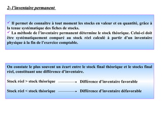  Il permet de connaître à tout moment les stocks en valeur et en quantité, grâce à
la tenue systématique des fiches de stocks.
 La méthode de l’inventaire permanent détermine le stock théorique. Celui-ci doit
être systématiquement comparé au stock réel calculé à partir d’un inventaire
physique à la fin de l’exercice comptable.
2- l’inventaire permanent2- l’inventaire permanent
On constate le plus souvent un écart entre le stock final théorique et le stocks final
réel, constituant une différence d’inventaire.
Stock réel > stock théorique
Stock réel < stock théorique
Différence d’inventaire favorable
Différence d’inventaire défavorable
 