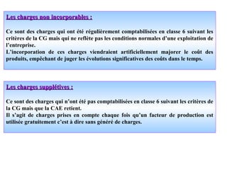 Les charges non incorporables :Les charges non incorporables :
Ce sont des charges qui ont été régulièrement comptabilisées en classe 6 suivant les
critères de la CG mais qui ne reflète pas les conditions normales d’une exploitation de
l’entreprise.
L’incorporation de ces charges viendraient artificiellement majorer le coût des
produits, empêchant de juger les évolutions significatives des coûts dans le temps.
Les charges supplétives :Les charges supplétives :
Ce sont des charges qui n’ont été pas comptabilisées en classe 6 suivant les critères de
la CG mais que la CAE retient.
Il s’agit de charges prises en compte chaque fois qu’un facteur de production est
utilisée gratuitement c’est à dire sans généré de charges.
 