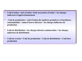  Coût d’achat = prix d’achat +frais accessoires d’achat + les charges
indirectes d’approvisionnement
 Coût de production = coût d’achat des matières premières et fournitures
consommables + main d’œuvre directes + les charges indirectes de
production
 Coût de distribution = les charges directes commerciales + les charges
indirectes de distribution
 Coût de revient = Coût de production + Coût de distribution + Coût hors
production
 Coût d’achat = prix d’achat +frais accessoires d’achat + les charges
indirectes d’approvisionnement
 Coût de production = coût d’achat des matières premières et fournitures
consommables + main d’œuvre directes + les charges indirectes de
production
 Coût de distribution = les charges directes commerciales + les charges
indirectes de distribution
 Coût de revient = Coût de production + Coût de distribution + Coût hors
production
 