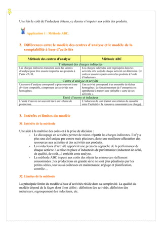 Une fois le coût de l’inducteur obtenu, ce dernier s’imputer aux coûts des produits.
Application 1 : Méthode ABC.
2. Différences entre le modèle des centres d’analyse et le modèle de la
comptabilité à base d’activités
Méthode des centres d’analyse Méthode ABC
Traitement des charges indirectes
Les charges indirectes transitent dans des centres
d’analyse pour être ensuite imputées aux produits à
l’aide d’U.O.
Les charges indirectes sont regroupées dans les
activités et le coût de chaque activité est déterminé. Ce
coût est ensuite répartis entres les produits à l’aide
d’inducteurs.
Centre d’analyse et activité
Un centre d’analyse correspond le plus souvent à une
division comptable, comprenant des activités non
homogènes.
Une activité correspond à un ensemble de tâches
homogènes. Le fonctionnement de l’entreprise est
appréhendé à travers une véritable « carte de ses
activités ».
Unité d’œuvre et inducteur
L’unité d’œuvre est souvent liée à un volume de
production.
L’inducteur de coût traduit une relation de causalité
entre l’activité et la ressource consommée (ou charge).
3. Intérêts et limites du modèle
31. Intérêts de la méthode
Une aide à la maîtrise des coûts et à la prise de décision :
- Le découpage en activités permet de mieux répartir les charges indirectes. Il n’y a
plus une clef unique par centre mais plusieurs, donc une meilleure affectation des
ressources aux activités et des activités aux produits.
- Les inducteurs d’activité apportent une première approche de la performance de
chaque activité. La mise en place d’inducteurs de performance (inducteur de délai,
de qualité, de coût…) enrichit cette analyse.
- La méthode ABC impute aux coûts des objets les ressources réellement
consommées ; les productions en grande série ne sont plus pénalisées par les
petites séries, tout aussi coûteuses en maintenance, réglage et planification,
contrôle…
32. Limites de la méthode
La principale limite du modèle à base d’activités réside dans sa complexité. La qualité du
modèle dépend de la façon dont il est défini : définition des activités, définition des
inducteurs, regroupement des inducteurs, etc.
 