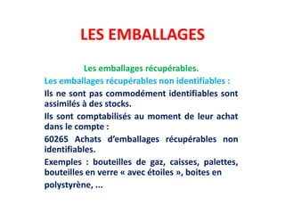 LES EMBALLAGES
Les emballages récupérables.
Les emballages récupérables non identifiables :
Ils ne sont pas commodément identifiables sont
assimilés à des stocks.
Ils sont comptabilisés au moment de leur achat
dans le compte :
60265 Achats d’emballages récupérables non
identifiables.
Exemples : bouteilles de gaz, caisses, palettes,
bouteilles en verre « avec étoiles », boites en
polystyrène, ...
 