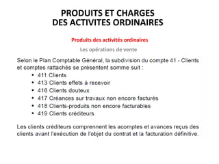 Produits des activités ordinaires
Les opérations de vente
PRODUITS ET CHARGES
DES ACTIVITES ORDINAIRES
 