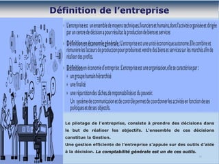 12
Le pilotage de l'entreprise, consiste à prendre des décisions dans
le but de réaliser les objectifs. L'ensemble de ces décisions
constitue la Gestion.
Une gestion efficiente de l’entreprise s'appuie sur des outils d'aide
à la décision. La comptabilité générale est un de ces outils.
 