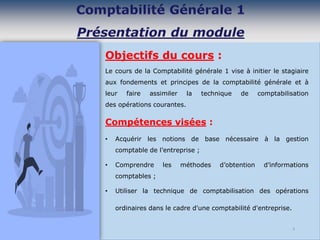Objectifs du cours :
Le cours de la Comptabilité générale 1 vise à initier le stagiaire
aux fondements et principes de la comptabilité générale et à
leur faire assimiler la technique de comptabilisation
des opérations courantes.
Compétences visées :
• Acquérir les notions de base nécessaire à la gestion
comptable de l’entreprise ;
• Comprendre les méthodes d’obtention d’informations
comptables ;
• Utiliser la technique de comptabilisation des opérations
ordinaires dans le cadre d'une comptabilité d'entreprise.
9
 