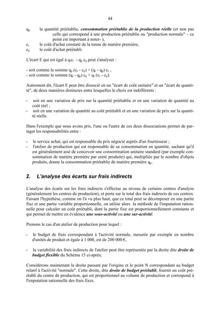 44
qp
cr
cp

la quantité préétablie, consommation préétablie de la production réelle (et non pas
celle qui correspond à une production préétablie ou "production normale" – ce
point est important à noter- ),
le coût d'achat constaté de la tonne de matière première,
le coût d'achat préétabli.

L'écart E qui est égal à qrcr - qp cp peut s'analyser :
- soit comme la somme qp (cr - cp) + (qr - qp) cr ,
- soit comme la somme (qr - qp) cp + qr (cr - cp).
Autrement dit, l'écart E peut être dissocié en un "écart de coût unitaire" et un "écart de quantité", de deux manières distinctes entre lesquelles le choix est indifférents :
-

soit en une variation de prix sur la quantité préétablie et en une variation de quantité au
coût réel ;
soit en une variation de quantité au coût préétabli et en une variation de prix sur la quantité réelle.

Dans l'exemple que nous avons pris, l'une ou l'autre de ces deux dissociations permet de partager les responsabilités entre :
-

2.

le service achat, qui est responsable du prix négocié auprès d'un fournisseur ;
l'atelier de production qui est responsable de sa consommation en quantité, sachant qu'il
est généralement aisé de concevoir une consommation unitaire standard (par exemple consommation de matière première par unité produite) qui, multipliée par le nombre d'objets
produits, donne la consommation préétablie de matière première qp.

L'analyse des écarts sur frais indirects

L'analyse des écarts sur les frais indirects s'effectue au niveau de certains centres d'analyse
(généralement les centres de production), et porte sur le total des frais indirects de ces centres.
Faisant l'hypothèse, comme on l'a vu plus haut, que ce total peut se décomposer en une partie
fixe et une partie variable proportionnelle, on utilise alors la méthode de l'imputation rationnelle pour calculer un coût préétabli, dont la partie fixe est proportionnellement constante et
qui permet de mettre en évidence une sous-activité ou une sur-activité.
Prenons le cas d'un atelier de production pour lequel :
-

le budget de frais correspondant à l'activité normale, mesurée par exemple en nombre
d'unités de produit et égale à 1 000, est de 200 000 €,

-

la variabilité des frais indirects de l'atelier peut être représentée par la droite dite droite de
budget flexible du Schéma 15 ci-après;

Considérons maintenant la droite passant par l'origine et le point N correspondant au budget
relatif à l'activité "normale". Cette droite, dite droite de budget préétabli, fournit un coût préétabli du centre de production, qui est proportionnel au volume de production et correspond à
l'imputation rationnelle des frais fixes.

 