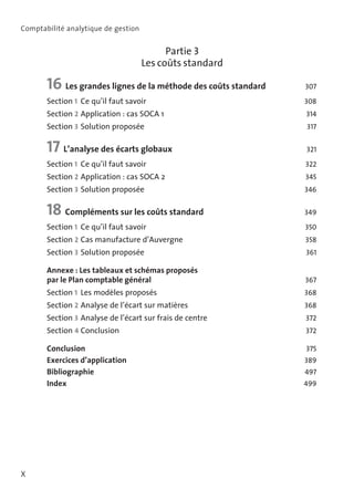 Comptabilité analytique de gestion

Partie 3
Les coûts standard

16 Les grandes lignes de la méthode des coûts standard 	
Section 1	 Ce qu’il faut savoir 	

Section 2	 Application : cas SOCA 1 	

307
308
314

Section 3	 Solution proposée 	

317

17 L’analyse des écarts globaux 	

321

Section 1	 Ce qu’il faut savoir 	

Section 2	 Application : cas SOCA 2 	

322
345

Section 3	 Solution proposée	

346

18 Compléments sur les coûts standard	

349

Section 2	 Cas manufacture d’Auvergne	

358

Section 1	 Ce qu’il faut savoir 	

350

Section 3	 Solution proposée 	

361

Annexe : Les tableaux et schémas proposés
par le Plan comptable général 	

367

Section 1	 Les modèles proposés 	

Section 2	 Analyse de l’écart sur matières	

Section 3	 Analyse de l’écart sur frais de centre	

368
368
372

Section 4	 Conclusion 	

Conclusion 	
Exercices d’application	
Bibliographie	
Index	

X

372
375

389

497

499

 