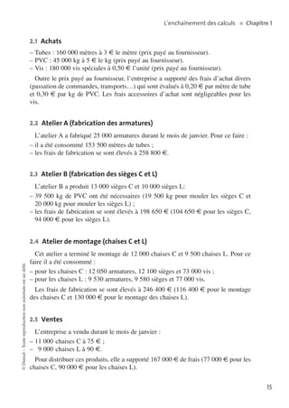 L’enchaînement des calculs   ■  Chapitre 1

2.1  Achats

––Tubes : 160 000 mètres à 3 e le mètre (prix payé au fournisseur).
––PVC : 45 000 kg à 5 e le kg (prix payé au fournisseur).
––Vis : 180 000 vis spéciales à 0,50 e l’unité (prix payé au fournisseur).
Outre le prix payé au fournisseur, l’entreprise a supporté des frais d’achat divers
(passation de commandes, transports…) qui sont évalués à 0,20 e par mètre de tube
et 0,30 e par kg de PVC. Les frais accessoires d’achat sont négligeables pour les
vis.
2.2  Atelier A (fabrication des armatures)

L’atelier A a fabriqué 25 000 armatures durant le mois de janvier. Pour ce faire :
––il a été consommé 153 500 mètres de tubes ;
––les frais de fabrication se sont élevés à 258 800 e.
2.3  Atelier B (fabrication des sièges C et L)

L’atelier B a produit 13 000 sièges C et 10 000 sièges L:
––39 500 kg de PVC ont été nécessaires (19 500 kg pour mouler les sièges C et
20 000 kg pour mouler les sièges L) ;
––les frais de fabrication se sont élevés à 198 650 e (104 650 e pour les sièges C,
94 000 e pour les sièges L).

© Dunod – Toute reproduction non autorisée est un délit.

2.4  Atelier de montage (chaises C et L)

Cet atelier a terminé le montage de 12 000 chaises C et 9 500 chaises L. Pour ce
faire il a été consommé :
––pour les chaises C : 12 050 armatures, 12 100 sièges et 73 000 vis ;
––pour les chaises L : 9 530 armatures, 9 580 sièges et 77 000 vis.
Les frais de fabrication se sont élevés à 246 400 e (116 400 e pour le montage
des chaises C et 130 000 e pour le montage des chaises L).
2.5  Ventes

L’entreprise a vendu durant le mois de janvier :
––	 1 000	 chaises C à 75 e ;
1
––	  9 000	 chaises L à 90 e.
Pour distribuer ces produits, elle a supporté 167 000 e de frais (77 000 e pour les
chaises C, 90 000 e pour les chaises L).
15

 
