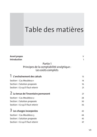 Table des matières

Avant propos	
Introduction 	

V

1

Partie 1
Principes de la comptabilité analytique :
Les coûts complets

1	 L’enchaînement des calculs	
Section 1	 Cas Meubleco 1 	

Section 2	 Solution proposée 	

13
14
16

Section 3	 Ce qu’il faut retenir	

21

2	La tenue de l’inventaire permanent	

27

Section 1	 Cas Meubleco 2 	

Section 2	 Solution proposée 	

28
30

Section 3	 Ce qu’il faut retenir 	

36

3	Les charges incorporées 	

43

Section 1	 Cas Meubleco 3 	

Section 2	 Solution proposée 	

Section 3	 Ce qu’il faut retenir 	

44
45
47

VII

 