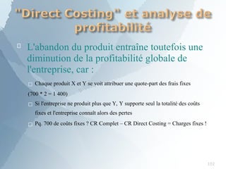 
102
L'abandon du produit entraîne toutefois une
diminution de la profitabilité globale de
l'entreprise, car :
□ Chaque produit X et Y se voit attribuer une quote-part des frais fixes
(700 * 2 = 1 400)
□ Si l'entreprise ne produit plus que Y, Y supporte seul la totalité des coûts
fixes et l'entreprise connaît alors des pertes
□ Pq. 700 de coûts fixes ? CR Complet – CR Direct Costing = Charges fixes !
 