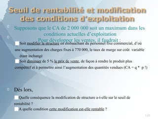 
120

Supposons que le CA de 2 000 000 soit un maximum dans les
conditions actuelles d’exploitation
Pour développer les ventes, il faudrait :
■Soit modifier la structure en embauchant du personnel fixe commercial, d’où
une augmentation des charges fixes à 770 000, le taux de marge sur coût variable
étant inchangé
■Soit diminuer de 5 % le prix de vente, de façon à rendre le produit plus
compétitif et à permettre ainsi l’augmentation des quantités vendues (CA = q * p !)
 Dès lors,
■Quelle conséquence la modification de structure a-t-elle sur le seuil de
rentabilité ?
■A quelle condition cette modification est-elle rentable ?
 
