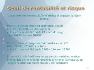 
127
Toutes deux ont le même chiffre d’affaires et dégagent le même
résultat

Pour A, le taux de marge sur coût variable est de
(25 000 – 15 000) / 25 000, soit 40 %
et le seuil de rentabilité est de CF / taux de marge,
donc 8 000 / 0.4, soit 20 000

 Pour B, le taux de marge sur coût variable est de (25
000 – 21 000) / 25 000, soit 16 %
et le seuil de rentabilité est de 2 000 / 0.16, soit 12 500

La société B, très flexible en termes de coûts variables, se situe
bien au-delà de son seuil de rentabilité (donc plus sûre) que A, qui
dégage pourtant une marge plus de 2 fois supérieure
 