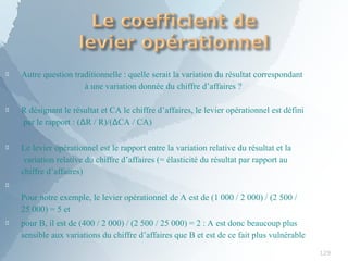 
129
Autre question traditionnelle : quelle serait la variation du résultat correspondant
à une variation donnée du chiffre d’affaires ?
 R désignant le résultat et CA le chiffre d’affaires, le levier opérationnel est défini
par le rapport : (ΔR / R)/(ΔCA / CA)
 Le levier opérationnel est le rapport entre la variation relative du résultat et la
variation relative du chiffre d’affaires (= élasticité du résultat par rapport au
chiffre d’affaires)


Pour notre exemple, le levier opérationnel de A est de (1 000 / 2 000) / (2 500 /
25 000) = 5 et
pour B, il est de (400 / 2 000) / (2 500 / 25 000) = 2 : A est donc beaucoup plus
sensible aux variations du chiffre d’affaires que B et est de ce fait plus vulnérable
 