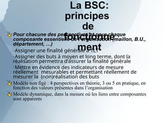 La BSC:
principes
de
fonctionne
ment
Pour chacune des perspectives et pour chaque
composante essentielle de l’organisation (maillon, B.U.,
département, …)
–Assigner une finalité générale à TLT
–Assigner des buts à moyen et long terme, dont la
réalisation permettra d’assurer la finalité générale
–Mettre en évidence des indicateurs de mesure
réellement mesurables et permettant réellement de
mesurer la (non)réalisation des buts
Modèle non figé : 4 perspectives en théorie, 3 ou 5 en pratique, en
fonction des valeurs présentes dans l’organisation
Modèle dynamique, dans la mesure où les liens entre composantes
sont apparents
 