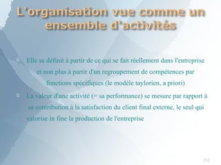 
152
Elle se définit à partir de ce qui se fait réellement dans l'entreprise
et non plus à partir d'un regroupement de compétences par
fonctions spécifiques (le modèle taylorien, a priori)
 La valeur d'une activité (= sa performance) se mesure par rapport à
sa contribution à la satisfaction du client final externe, le seul qui
valorise in fine la production de l'entreprise
 