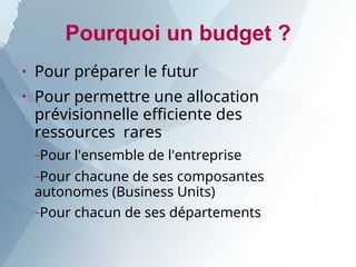 Pourquoi un budget ?
●
●
Pour préparer le futur
Pour permettre une allocation
prévisionnelle efficiente des
ressources rares
–Pour l'ensemble de l'entreprise
–Pour chacune de ses composantes
autonomes (Business Units)
–Pour chacun de ses départements
 