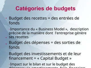 Catégories de budgets
●
●
●
Budget des recettes = des entrées de
fonds
–Importance du « Business Model », description
précise de la manière dont l'entreprise génère
ses recettes
Budget des dépenses = des sorties de
fonds
Budget des investissements et de leur
financement = « Capital Budget »
–Impact sur le bilan et sur le budget des
 