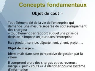 Concepts fondamentaux
Objet de coût =
Tout élément-clé de la vie de l'entreprise qui
demande une mesure séparée du coût (uniquement
des charges)
= tout élément par rapport auquel une prise de
décision s'impose un jour dans l'entreprise
Ex : produit, service, département, client, projet …
Objet de marge =
Idem, mais dans une perspective de gestion par la
valeur
Il comprend alors des charges et des revenus :
marge = prix – coûts => À identifier pour le système
d’information
 