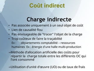 Coût indirect




Charge indirecte
Pas associée uniquement à un seul objet de coût
Lien de causalité flou
Pas envisageable de "tracer" l'objet de la charge
Trop coûteux de faire la traçabilité
Ex : départements comptabilité – ressources
humaines Ex : énergie d'une halle multi-production
Méthode d’allocation artificielle des coûts pour
répartir la charge totale entre les différents OC qui
l'ont consommé
Utilisation d’unité d’œuvre (UO) ou de taux de frais
 