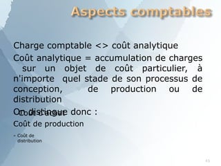 Charge comptable <> coût analytique
Coût analytique = accumulation de charges
sur un objet de coût particulier, à
n'importe quel stade de son processus de
conception, de production ou de
distribution
On distingue donc :
➢
➢ Coût d'achat
Coût de production
➢ Coût de
distribution
45
 