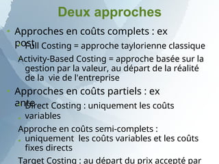 Deux approches
 Approches en coûts complets : ex
post


Full Costing = approche taylorienne classique
Activity-Based Costing = approche basée sur la
gestion par la valeur, au départ de la réalité
de la vie de l'entreprise
 Approches en coûts partiels : ex
ante



Direct Costing : uniquement les coûts
variables
Approche en coûts semi-complets :
uniquement les coûts variables et les coûts
fixes directs
Target Costing : au départ du prix accepté par
 
