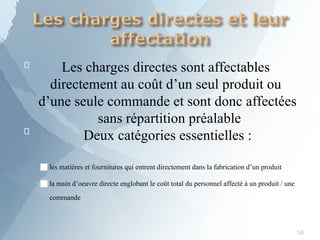 
58

Les charges directes sont affectables
directement au coût d’un seul produit ou
d’une seule commande et sont donc affectées
sans répartition préalable
Deux catégories essentielles :
■les matières et fournitures qui entrent directement dans la fabrication d’un produit
■la main d’oeuvre directe englobant le coût total du personnel affecté à un produit / une
commande
 