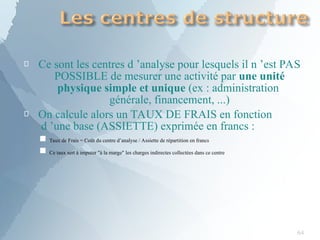
64
Ce sont les centres d ’analyse pour lesquels il n ’est PAS
POSSIBLE de mesurer une activité par une unité
physique simple et unique (ex : administration
générale, financement, ...)
 On calcule alors un TAUX DE FRAIS en fonction
d ’une base (ASSIETTE) exprimée en francs :
Taux de Frais = Coût du centre d’analyse / Assiette de répartition en francs
■
■ Ce taux sert à imputer "à la marge" les charges indirectes collectées dans ce centre
 
