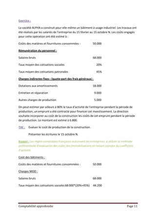 Exercice :

La société ALPHA a construit pour elle-même un bâtiment à usage industriel. Les travaux ont
été réalisés par les salariés de l’entreprise du 15 février au 15 octobre N. Les coûts engagés
pour cette opération ont été estimé à :

Coûts des matières et fournitures consommées :              50.000

Rémunération du personnel :

Salaires bruts                                              68.000

Taux moyen des cotisations sociales                             20%

Taux moyen des cotisations patronales                           45%

Charges indirectes fixes : (quote-part des frais généraux) :

Dotations aux amortissements                                18.000

Entretien et réparation                                        9.000

Autres charges de production                                   5.000

On peut estimer par ailleurs à 80% le taux d’activité de l’entreprise pendant la période de
production, un emprunt a été contracté pour financer cet investissement. La direction
souhaite incorporer au coût de la construction les coûts de cet emprunt pendant la période
de production. Le montant est estimé à 6.800.

TAF :   Evaluer le coût de production de la construction.

        Présenter les écritures le 15 octobre N.

Rappel : Les règles comptables françaises autorisent les entreprises à utiliser la méthode
préférentielle d’évaluation des coûts des immobilisations en tenant compte du coefficient
d’activité.

Coût des bâtiments :

Coûts des matières et fournitures consommées :              50.000

Charges MOD :

Salaires bruts                                              68.000

Taux moyen des cotisations sociales 68.000*(20%+45%)        44.200




Comptabilité approfondie                                                              Page 11
 