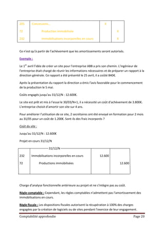205      Concessions…                                            X

72                Production immobilisée                                  X

232               Immobilisations incorporelles en cours                  X


Ce n’est qu’à partir de l’achèvement que les amortissements seront autorisés.

Exemple :

Le 1er avril l’idée de créer un site pour l’entreprise ABB a pris son chemin. L’ingénieur de
l’entreprise était chargé de réunir les informations nécessaires et de préparer un rapport à la
direction générale. Ce rapport a été présenté le 25 avril, il a coûté 840€.

Après la présentation du rapport la direction a émis l’avis favorable pour le commencement
de la production le 5 mai.

Coûts engagés jusqu’au 31/12/N : 12.600€.

Le site est prêt et mis à l’essai le 30/03/N+1, il a nécessité un coût d’achèvement de 3.800€.
L’entreprise choisit d’amortir son site sur 4 ans.

Pour améliorer l’utilisation de ce site, 2 secrétaires ont été envoyé en formation pour 2 mois
au 31/05 pour un coût de 1.200€. Sont-ils des frais incorporés ?

Coût du site :

Jusqu’au 31/12/N : 12.600€

Projet en cours 31/12/N

                       31/12/N

232      Immobilisations incorporelles en cours              12.600

72               Productions immobilisées                                     12.600




Charge d’analyse fonctionnelle antérieure au projet et ne s’intègre pas au coût.

Règle comptable : Cependant, les règles comptables n’admettent pas l’amortissement des
immobilisations en cours.

Règle fiscale : Les dispositions fiscales autorisent la récupération à 100% des charges
engagées par la création de logiciels ou de sites pendant l’exercice de leur engagement.

Comptabilité approfondie                                                               Page 20
 