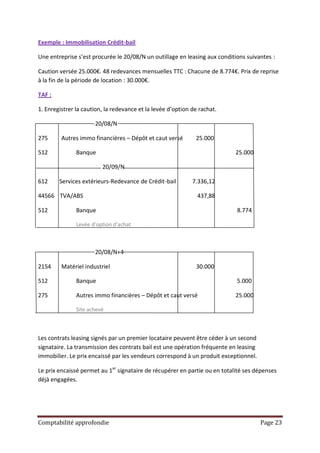 Exemple : Immobilisation Crédit-bail

Une entreprise s’est procurée le 20/08/N un outillage en leasing aux conditions suivantes :

Caution versée 25.000€. 48 redevances mensuelles TTC : Chacune de 8.774€. Prix de reprise
à la fin de la période de location : 30.000€.

TAF :

1. Enregistrer la caution, la redevance et la levée d’option de rachat.

                      20/08/N

275      Autres immo financières – Dépôt et caut versé        25.000

512            Banque                                                       25.000

                         20/09/N

612     Services extérieurs-Redevance de Crédit-bail         7.336,12

44566 TVA/ABS                                                  437,88

512            Banque                                                       8.774

               Levée d’option d’achat



                      20/08/N+4

2154     Matériel industriel                                  30.000

512            Banque                                                       5.000

275            Autres immo financières – Dépôt et caut versé                25.000

               Site achevé



Les contrats leasing signés par un premier locataire peuvent être céder à un second
signataire. La transmission des contrats bail est une opération fréquente en leasing
immobilier. Le prix encaissé par les vendeurs correspond à un produit exceptionnel.

Le prix encaissé permet au 1er signataire de récupérer en partie ou en totalité ses dépenses
déjà engagées.




Comptabilité approfondie                                                               Page 23
 
