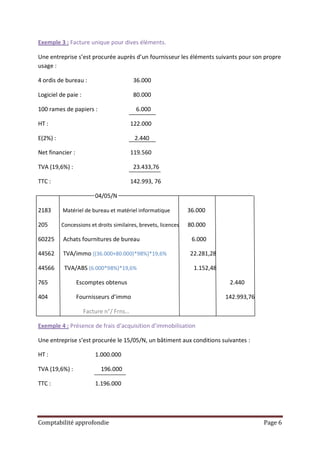 Exemple 3 : Facture unique pour dives éléments.

Une entreprise s’est procurée auprès d’un fournisseur les éléments suivants pour son propre
usage :

4 ordis de bureau :                       36.000

Logiciel de paie :                        80.000

100 rames de papiers :                     6.000

HT :                                     122.000

E(2%) :                                   2.440

Net financier :                          119.560

TVA (19,6%) :                             23.433,76

TTC :                                    142.993, 76

                         04/05/N

2183      Matériel de bureau et matériel informatique           36.000

205       Concessions et droits similaires, brevets, licences   80.000

60225     Achats fournitures de bureau                           6.000

44562     TVA/immo [(36.000+80.000)*98%]*19,6%                  22.281,28

44566      TVA/ABS (6.000*98%)*19,6%                              1.152,48

765               Escomptes obtenus                                           2.440

404               Fournisseurs d’immo                                        142.993,76

                     Facture n°/ Frns…

Exemple 4 : Présence de frais d’acquisition d’immobilisation

Une entreprise s’est procurée le 15/05/N, un bâtiment aux conditions suivantes :

HT :                     1.000.000

TVA (19,6%) :              196.000

TTC :                    1.196.000




Comptabilité approfondie                                                                  Page 6
 