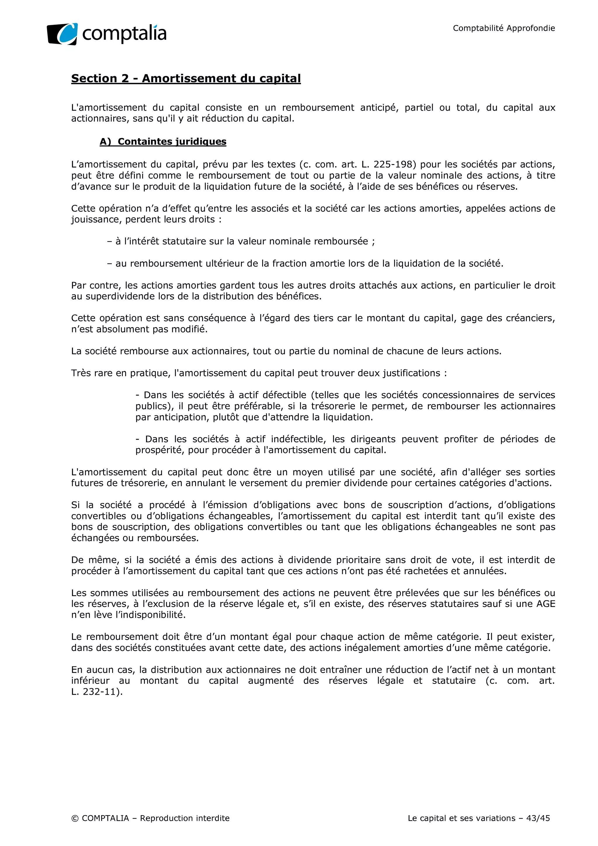 Comptabilité approfondie le capital et ses variations