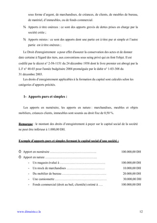 sous forme d’argent, de marchandises, de créances, de clients, de meubles de bureau,
        de matériel, d’immeubles, ou de fonds commercial.

    ¾ Apports à titre onéreux : ce sont des apports grevés de dettes prises en charge par la
        société créée ;

    ¾ Apports mixtes : ce sont des apports dont une partie est à titre pur et simple et l’autre
        partie est à titre onéreux ;

    Le Droit d'enregistrement a pour effet d'assurer la conservation des actes et de donner
 date certaine à l'égard des tiers, aux conventions sous seing privé qui en font l'objet. Il est
 codifié par le décret n° 2-58-1151 du 24 décembre 1958 dont le livre premier est abrogé par la
 L.F n° 48-03 pour l'année budgétaire 2004 promulguée par le dahir n° 1-03-308 du
 31 décembre 2003.
    Les droits d’enregistrement applicables à la formation du capital sont calculés selon les
 catégories d’apports précités.


    1- Apports purs et simples :

    Les apports en numéraire, les apports en nature : marchandises, meubles et objets
 mobiliers, créances clients, immeubles sont soumis au droit fixe de 0,50 %.


 Remarque : le montant des droits d’enregistrement à payer sur le capital social de la société
 ne peut être inférieur à 1.000,00 DH.


 Exemple d’apports purs et simples formant le capital social d’une société :


 Ö Apport en numéraire ……………………………………..                                                100.000,00 DH
 Ö Apport en nature ………………………………………….
        -   Un magasin évalué à …………………………………….                                        100.000,00 DH
        -   Un stock de marchandises ………………………………                                       10.000,00 DH
        -   Du mobilier de bureau ……………………………………                                        20.000,00 DH
        -   Une camionnette ………………………………………….                                           30.000,00 DH
        -   Fonds commercial (droit au bail, clientèle) estimé à ….                    100.000,00 DH




www.dimaista.c.la                                                                                  12
 