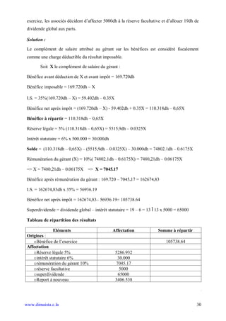 exercice, les associés décident d’affecter 5000dh à la réserve facultative et d’allouer 19dh de
 dividende global aux parts.

 Solution :

 Le complément de salaire attribué au gérant sur les bénéfices est considéré fiscalement
 comme une charge déductible du résultat imposable.

        Soit X le complément de salaire du gérant :

 Bénéfice avant déduction de X et avant impôt = 169.720dh

 Bénéfice imposable = 169.720dh – X

 I.S. = 35%(169.720dh – X) = 59.402dh – 0.35X

 Bénéfice net après impôt = (169.720dh – X) - 59.402dh + 0.35X = 110.318dh – 0,65X

 Bénéfice à répartir = 110.318dh – 0,65X

 Réserve légale = 5% (110.318dh – 0,65X) = 5515,9dh – 0.0325X

 Intérêt statutaire = 6% x 500.000 = 30.000dh

 Solde = (110.318dh – 0,65X) – (5515,9dh – 0.0325X) – 30.000dh = 74802.1dh – 0.6175X

 Rémunération du gérant (X) = 10%( 74802.1dh – 0.6175X) = 7480,21dh – 0.06175X

 => X = 7480,21dh – 0.06175X      => X = 7045.17

 Bénéfice après rémunération du gérant : 169.720 – 7045.17 = 162674,83

 I.S. = 162674,83dh x 35% = 56936.19

 Bénéfice net après impôt = 162674,83– 56936.19= 105738.64

 Superdividende = dividende global – intérêt statutaire = 19 – 6 = 13 Î 13 x 5000 = 65000

 Tableau de répartition des résultats

               Eléments                         Affectation              Somme à répartir
 Origines :
    oBénéfice de l’exercice                                                  105738.64
 Affectation
    oRéserve légale 5%                           5286.932
    ointérêt statutaire 6%                        30.000
    orémunération du gérant 10%                  7045.17
    oréserve facultative                           5000
    osuperdividende                               65000
    oReport à nouveau                            3406.538




www.dimaista.c.la                                                                             30
 