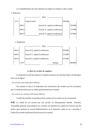 La comptabilisation de cette réduction de capital est réalisée en deux temps:

 1. Réduction

                                             Date

      1111             Capital social                                     500.000

             44611                      Associé X, capital à rembourser             250.000

             44612                      Associé Y, capital à rembourser             125.000

             44613                      Associé Z, capital à rembourser             125.000



      2. Règlement

                                             Date

     44611             Associé X, capital à rembourser                    250.000

     44612             Associé Y, capital à rembourser                    125.000

     44613             Associé Z, capital à rembourser                    125.000

             5141                                             Banque                500.000



                          b- Dans les sociétés de capitaux:

        La réduction ne doit pas abaisser le capital en dessous du minimum légal. On distingue
 deux cas de figure:

 - Les actions sont entièrement libérées:

        On constate la mise à la disposition des actionnaires des sommes qui lui reviennent
 puis le remboursement qui est réalisé généralement par la banque.

 - Les actions ne sont pas entièrement libérées:

        Il suffit de procéder à l'annulation de la créance de la société sur les actionnaires.

 N.B: Le rachat de ses actions par une société est théoriquement interdit. Toutefois,
 l'assemblée générale extraordinaire qui a décidé une réduction de capital non motivée par des
 pertes, peut autoriser le conseil d'administration ou le directoire, selon le cas, à procéder à
 l'achat d'un nombre déterminé d'actions pour les annuler.




www.dimaista.c.la                                                                                45
 