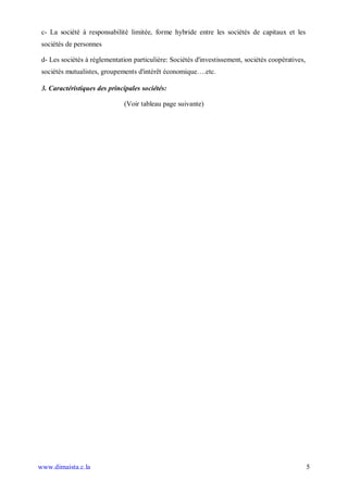 c- La société à responsabilité limitée, forme hybride entre les sociétés de capitaux et les
 sociétés de personnes

 d- Les sociétés à réglementation particulière: Sociétés d'investissement, sociétés coopératives,
 sociétés mutualistes, groupements d'intérêt économique….etc.

 3. Caractéristiques des principales sociétés:

                               (Voir tableau page suivante)




www.dimaista.c.la                                                                                   5
 