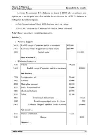 Résumé de Théorie et 
Guide de travaux pratique Comptabilité des sociétés 
Le fonds de commerce de M.Radwane est évalué à 20.000 dh. Les créances sont 
reprises par la société pour leur valeur estimée de recouvrement de 19.500. M.Radwane se 
porte garant d’éventuels impayés. 
- Les frais de constitution s’élève à 4.000 dh et sont payés par chèque. 
- Le 31/12/2003 les clients de M.Radwane ont versé 19.200 dh seulement. 
T.A.F : Passer les écritures comptables nécessaires. 
Solution1 : 
o Promesse d’apports 
34610 Rachid, compte d’apport en société en numéraire 100.000 
34611 Radwane, compte d’apport en société en nature 150.000 
1111 Capital, social 250.000 
Selon acte notarié … 
o Réalisation des apports 
5141 Banque 100.000 
34610 Rachid, compte d’apport en société en numéraire 100.000 
Avis de crédit … 
2230 Fonds commercial 20.000 
2321 Bâtiment 60.000 
2340 Matériel de transport 20.000 
3111 Stocks de marchandises 30.000 
3421 Clients de Radwane 20.000 
5161 Caisse 10.500 
4411 Fournisseurs de Radwane 10.000 
3942 Provision pour dépréciation des clients 500 
34611 Radwane, compte d’apport en société en nature 150.000 
Acte notarié … 
2111 Frais de constitution 4.000 
5141 Banque 4.000 
Chèque n° … 
OFPPT/DRIF 19 
 