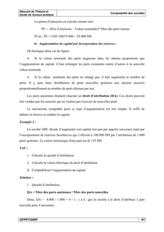 Résumé de Théorie et 
Guide de travaux pratique Comptabilité des sociétés 
La prime d’émission est calculé comme suit : 
PE = (Prix d’émission – Valeur nominale)* Nbre des parts émises 
D’où, PE = (105-100)*5.000 = 25.000 DH 
b- Augmentation de capital par incorporation des réserves : 
On distingue deux cas de figure : 
¾ Si la valeur nominale des parts augmente dans les mêmes proportions que 
l’augmentation de capital, il faut échanger les parts existantes contre d’autres à la nouvelle 
valeur nominale 
¾ Si la valeur nominale des parts ne change pas, il faut augmenter le nombre de 
parts. Il y aura donc distribution de parts nouvelles gratuites aux anciens associés 
proportionnellement au nombre de parts détenus par eux. 
Les parts anciennes donnent chacune un droit d’attribution (DA). Ces droits peuvent 
être vendus par les associés qui ne veulent pas recevoir de nouvelles parts. 
Le mécanisme comptable pour ce type d’augmentation est très simple. Il suffit de 
débiter la réserve et créditer le capital. 
Exemple 2 : 
La société ABC décide d’augmenter son capital non pas par apports nouveaux mais par 
l’incorporation de réserves facultatives qui s’élèvent à 100.000 DH par l’attribution de 1.000 
parts gratuites. La valeur intrinsèque d'une part est de 125 DH. 
TAF : 
1. Calculer la quotité d’attribution 
2. Calculer la valeur théorique du droit d’attribution 
3. Comptabiliser l’augmentation du capital 
Solution : 
1. Quotité d’attribution : 
QA = Nbre des parts anciennes / Nbre des parts nouvelles 
Donc, QA = 4.000 / 1.000 = 4 / 1 c à d que la société a le droit d’attribuer 1 part 
nouvelle pour 4 anciennes 
OFPPT/DRIF 41 
 