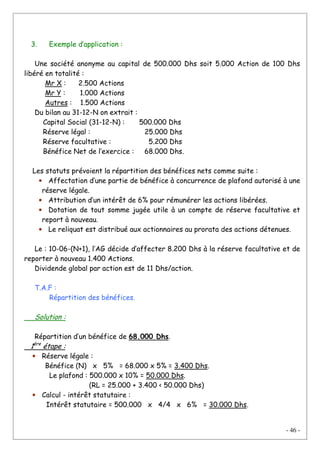 - 46 -
3. Exemple d’application :
Une société anonyme au capital de 500.000 Dhs soit 5.000 Action de 100 Dhs
libéré en totalité :
Mr X : 2.500 Actions
Mr Y : 1.000 Actions
Autres : 1.500 Actions
Du bilan au 31-12-N on extrait :
Capital Social (31-12-N) : 500.000 Dhs
Réserve légal : 25.000 Dhs
Réserve facultative : 5.200 Dhs
Bénéfice Net de l’exercice : 68.000 Dhs.
Les statuts prévoient la répartition des bénéfices nets comme suite :
• Affectation d’une partie de bénéfice à concurrence de plafond autorisé à une
réserve légale.
• Attribution d’un intérêt de 6% pour rémunérer les actions libérées.
• Dotation de tout somme jugée utile à un compte de réserve facultative et
report à nouveau.
• Le reliquat est distribué aux actionnaires au prorata des actions détenues.
Le : 10-06-(N+1), l’AG décide d’affecter 8.200 Dhs à la réserve facultative et de
reporter à nouveau 1.400 Actions.
Dividende global par action est de 11 Dhs/action.
T.A.F :
Répartition des bénéfices.
Solution :
Répartition d’un bénéfice de 68.000 Dhs.
1ère
étape :
• Réserve légale :
Bénéfice (N) x 5% = 68.000 x 5% = 3.400 Dhs.
Le plafond : 500.000 x 10% = 50.000 Dhs.
(RL = 25.000 + 3.400 < 50.000 Dhs)
• Calcul - intérêt statutaire :
Intérêt statutaire = 500.000 x 4/4 x 6% = 30.000 Dhs.
 