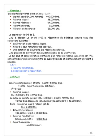 - 48 -
Exercice :
Les capitaux propres d’une SA au 31-12-N :
• Capital Social (4.000 Actions) : 400.000 Dhs.
• Réserve légale : 38.000 Dhs.
• Autres réserves : 64.000 Dhs.
• Report à nouveau : - 1.000 Dhs.
• Résultat de l’exercice : 59.000 Dhs.
Le capital est libéré de ¾.
L’AG à décider Le 24-05-(N+1) la répartition de bénéfice compte tenu des
obligations suivantes :
• Constitution d’une réserve légale.
• Fixer 6% pour rémunérer les capitaux.
• Une dotation de 5.000 Dhs à la réserve facultative.
L’AG propose de distribuer d’un dividende global de 12 Dhs/Action.
Le sur plus et après dotation éventuelle à un fonds de réserve jugé utile par l’AG
est à attribuer aux actions un titre de superdividende et éventuellement un report à
nouveau.
T.A.F :
1. Répartir le bénéfice.
2. Comptabiliser la répartition.
_________________________________
Solution :
Bénéfice distribuable = 59.000 – 1.000 = 58.000 Dhs.
(-1.000 ; Report à nouveau débiteur).
1ère
Etape :
• Réserve légale :
RL = 58.000 x 5% = 2.900 Dhs.
Le solde du compte devient : RL = 38.000 + 2.900 = 40.900 Dhs
40.900 Dhs dépasse le 10% du C.S (400.000 x 10% = 40.000 Dhs).
Donc : le réserve légal à retenir est de :
RL = 2.000 Dhs.
• Intérêt statutaire :
400.000 x ¾ x 6% = 18.000 Dhs.
• Réserve facultative :
Décision de l’AG : 5.000 Dhs.
• Report à nouveau :
-A déterminer-
 