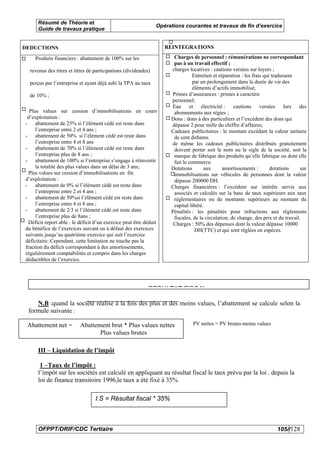 Résumé de Théorie et
                                                                Opérations courantes et travaux de fin d’exercice
      Guide de travaux pratique


DEDUCTIONS                                                          REINTEGRATIONS

    Produits financiers : abattement de 100% sur les                  Charges de personnel : rémunérations ne correspondant
                                                                      pas à un travail effectif ;
  revenus des titres et titres de participations (dividendes)        charges locatives : cautions versées sur loyers ;
                                                                                Entretien et réparation : les frais qui traduisent
  perçus par l’entreprise et ayant déjà subi la TPA au taux                     par un prolongement dans la durée de vie des
                                                                                éléments d’actifs immobilisé;
  de 10% ;                                                           Primes d’assurances : primes à caractère
                                                                     personnel;
                                                                     Eau      et électricité :      cautions versées lors des
  Plus values sur cession d’immobilisations en cours                  abonnements aux régies ;
 d’exploitation :                                                    Dons : dons à des particuliers et l’excèdent des dons qui
- abattement de 25% si l’élément cédé est reste dans                 dépasse 2 pour mille du chiffre d’affaires;
     l’entreprise entre 2 et 4 ans ;                                 Cadeaux publicitaires : le montant excédant la valeur unitaire
- abattement de 50% si l’élément cédé est reste dans                  de cent dirhams.
     l’entreprise entre 4 et 8 ans                                   de même les cadeaux publicitaires distribués gratuitement
- abattement de 70% si l’élément cédé est reste dans                  doivent porter soit le nom ou le sigle de la société, soit la
     l’entreprise plus de 8 ans ;                                     marque de fabrique des produits qu’elle fabrique ou dont elle
- abattement de 100% si l’entreprise s’engage à réinvestir            fait le commerce.
     la totalité des plus values dans un délai de 3 ans;             Dotations       aux       amortissements :        dotations     sur
  Plus values sur cession d’immobilisations en fin                    immobilisations sur véhicules de personnes dont la valeur
d’exploitation :                                                      dépasse 200000 DH.
- abattement de 0% si l’élément cédé est reste dans                  Charges financières : l’excèdent sur intérêts servis aux
     l’entreprise entre 2 et 4 ans ;                                  associés et calculés sur la base de taux supérieurs aux taux
- abattement de 50%si l’élément cédé est reste dans                   réglementaires ou de montants supérieurs au montant du
     l’entreprise entre 4 et 8 ans ;                                  capital libéré.
- abattement de 2/3 si l’élément cédé est reste dans                 Pénalités : les pénalités pour infractions aux règlements
     l’entreprise plus de 8ans ;                                      fiscales, de la circulation, de change, des prix et du travail.
  Déficit report able : le déficit d’un exercice peut être déduit     Charges : 50% des dépenses dont la valeur dépasse 10000
du bénéfice de l’exercices suivant ou à défaut des exercices                     DH(TTC) et qui sont réglées en espèces.
suivants jusqu’au quatrième exercice qui suit l’exercice
déficitaire. Cependant, cette limitation ne touche pas la
fraction du déficit correspondant à des amortissements,
régulièrement comptabilités et compris dans les charges
déductibles de l’exercice.



                                                                =
                                                            RESULTAT FISCAL

    N.B :quand la société réalise à la fois des plus et des moins values, l’abattement se calcule selon la
 formule suivante :

 Abattement net =          Abattement brut * Plus values nettes                PV nettes = PV brutes-moins values
                                  Plus values brutes

      III – Liquidation de l’impôt

       1 –Taux de l’impôt :
      l’impôt sur les sociétés est calculé en appliquant au résultat fiscal le taux prévu par la loi . depuis la
      loi de finance transitoire 1996,le taux a été fixé à 35%

                                  I.S = Résultat fiscal * 35%



      OFPPT/DRIF/CDC Tertiaire                                                                                           105//128
 