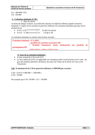 Résumé de Théorie et
                                              Opérations courantes et travaux de fin d’exercice
Guide de travaux pratique

I.S = 400 000* 35%
I.S= 140 000

 2 – Cotisation minimale (C.M) :
              a – Base de calcul :
au terme de chaque exercice, la société doit calculer un impôt de référence appelé cotisation
minimale. L’impôt sur les sociétés ne peut être inférieur à la cotisation minimale quel que soit le
résultat fiscal.
    • Si I.S> C.M                        I.S dû=I.S calculé
    • Si I.S< > C.M                        I.S dû=C.M

La cotisation minimale se calcule selon la base suivante :
 Cotisation minimale = C.A (HT)
                    + produits des activités accessoires HT
                    + Produits Financiers( moins abattements                     sur   produits       de
 participation) HT
                    +Subventions primes et dons reçus

        b- Taux de la cotisation minimale :
   •   le taux normal de C.M est de 0,5%
   •   Le taux réduit de 0,25% est applicable aux entreprises dont l’activité porte sur la vente : du
       gaz, des produits pétroliers, du beurre, du sucre, de l’huile, de la farine, de l’eau, et de
       l’électricité.

N.B : le montant de la C.M ne peut être inférieur à 1500 DH par exercice.

C.M.= 0,5%*( 5 000 000 + 1 000 000 )
C.M.= 30 000

On constate que C.M =30 000 < I.S = 140 000




OFPPT/DRIF/CDC Tertiaire                                                                       106//128
 