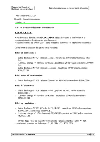 Résumé de Théorie et
                                           Opérations courantes et travaux de fin d’exercice
Guide de travaux pratique



  TP6 : Société COLAMAR
  Objectif : Opérations courantes
    Durée : 3H

   NB : les deux exercices sont indépendants .

   EXERCICE N° 1 :

   Vous travaillez dans la Société COLAMAR spécialisée dans la confection et la
   commercialisation de vêtements pour hommes .
   Au cours du mois de février 2004 , cette entreprise a effectué les opérations suivantes :

   01/02/2004 la situation des effets est la suivante :

   Effets en portefeuille :

   -   Lettre de change N° 424 tirée sur Moraji , payable au 25/02 valeur nominale 7500
       DH.
   -   Lettre de change N° 425 tirée sur Hajaji , payable au 28/02 valeur nominale 12800,00
       DH.
   -   Lettre de change N° 430 tirée sur Mokhtari , payable au 15/02 valeur nominale
       8000,00 DH.

   Effets remis à l’encaissement :

   -   Lettre de change N° 428 tirée sur Demnati au 31/01 valeur nominale 15000,00DH.

   Effets à l’escompte :

   -   Lettre de change N° 426 tirée sur Mehdi , payable au 20/02 valeur nominale
       20000,00DH.
   -    Lettre de change N° 427 tirée sur Karim , payable au 20/02 valeur nominale
       34500,00 DH.

   Effets en circulation :

   -   Lettre de change N° 175 à l’ordre de FILEROC , payable au 10/02 valeur nominale
       50000,00DH. Domiciliée à la BMCE .
   -    Lettre de change N° 176 à l’ordre de TEXNORD, payable au 28/02 valeur nominale
       75200,00 DH.

      04/02 : Reçu l’avis de crédit N°4646 relatif à l’encaissement de l’effet N° 428 .
   commissions retenues par la banque : 75,80 DH ( HT) , TVA 07% .




OFPPT/DRIF/CDC Tertiaire                                                                  118//128
 