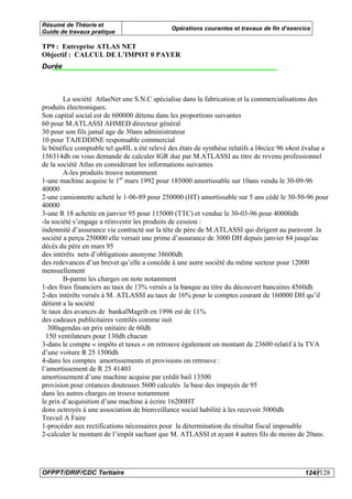 Résumé de Théorie et
                                              Opérations courantes et travaux de fin d’exercice
Guide de travaux pratique

TP9 : Entreprise ATLAS NET
Objectif : CALCUL DE L’IMPOT 0 PAYER
Durée



        La société AtlasNet une S.N.C spécialise dans la fabrication et la commercialisations des
produits électroniques.
Son capital social est de 600000 détenu dans les proportions suivantes
60 pour M.ATLASSI AHMED directeur général
30 pour son fils jamal age de 30ans administrateur
10 pour TAJEDDINE responsable commercial
le bénéfice comptable tel qu4IL a été relevé des états de synthèse relatifs a l4rcice 96 s4est évalue a
156314dh on vous demande de calculer IGR due par M.ATLASSI au titre de revenu professionnel
de la société Atlas en considérant les informations suivantes
        A-les produits trouve notamment
1-une machine acquise le 1er mars 1992 pour 185000 amortissable sur 10ans vendu le 30-09-96
40000
2-une camionnette acheté le 1-06-89 pour 250000 (HT) amortissable sur 5 ans cédé le 30-50-96 pour
40000
3-une R 18 achetée en janvier 95 pour 115000 (TTC) et vendue le 30-03-96 pour 40000dh
-la société s’engage a réinvestir les produits de cession :
indemnité d’assurance vie contracté sur la tête de père de M.ATLASSI qui dirigent au paravent .la
société a perçu 250000 elle versait une prime d’assurance de 3000 DH depuis janvier 84 jusqu'au
décès du père en mars 95
des intérêts nets d’obligations anonyme 38600dh
des redevances d’un brevet qu’elle a concède à une autre société du même secteur pour 12000
mensuellement
        B-parmi les charges on note notamment
1-des frais financiers au taux de 13% versés a la banque au titre du découvert bancaires 4560dh
2-des intérêts versés à M. ATLASSI au taux de 16% pour le comptes courant de 160000 DH qu’il
détient a la société
le taux des avances de bankalMagrib en 1996 est de 11%
des cadeaux publicitaires ventilés comme suit
   300agendas un prix unitaire de 60dh
  150 ventilateurs pour 130dh chacun
3-dans le compte « impôts et taxes « on retrouve également un montant de 23600 relatif à la TVA
d’une voiture R 25 1500dh
4-dans les comptes amortissements et provisions on retrouve :
l’amortissement de R 25 41403
amortissement d’une machine acquise par crédit bail 13500
provision pour créances douteuses 5600 calculés la base des impayés de 95
dans les autres charges on trouve notamment
le prix d’acquisition d’une machine à écrire 16200HT
dons octroyés à une association de bienveillance social habilité à les recevoir 5000dh
Travail A Faire
1-procéder aux rectifications nécessaires pour la détermination du résultat fiscal imposable
2-calculer le montant de l’impôt sachant que M. ATLASSI et ayant 4 autres fils de moins de 20ans.




OFPPT/DRIF/CDC Tertiaire                                                                      124//128
 